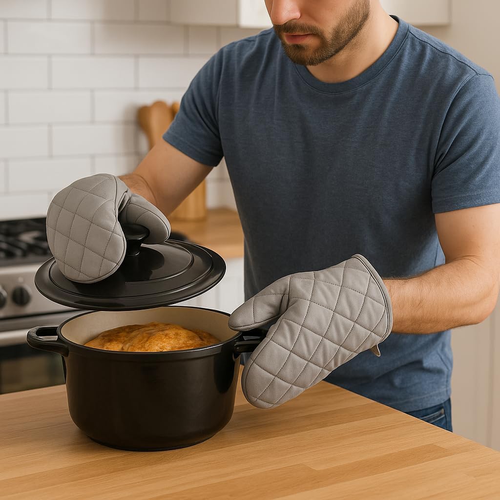 Heat Resistant Oven Mitts, 2-Pack Quilted Cotten Kitchen Gloves with Hanging Loop Non -Slip, Machine Washable (Gray) (Gray)