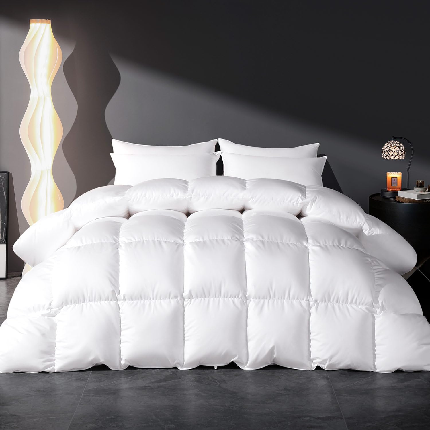 Feather Down Fiber Comforter Queen Size Duvet Insert, Ultra Soft Luxury All Season White 100% Cotton Hotel Collection Bed Comforter with 8 Corner Tabs, Box Stitched Fluffy Cozy Medium Warmth 90 x 90