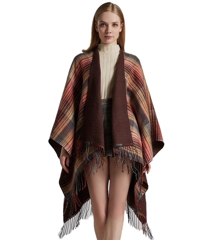Bakerdani Women's Tassel Plaid Poncho Pashmina Shawl Wrap Cape Sweater