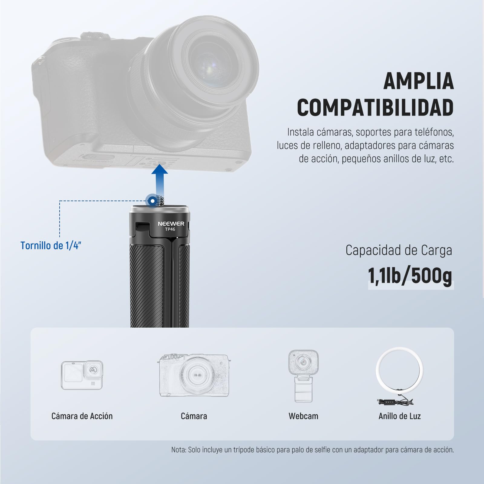 NEEWER BÁSICO Trípode Palo Selfie para DSLR Cámara Acción Webcam, Minisoporte Escritorio Videoblogs, Compatible con GoPro Hero 13, 12, Insta360, dji Osmo Action 5 Pro, AKASO, EK7000, Brave 4 7, TP46