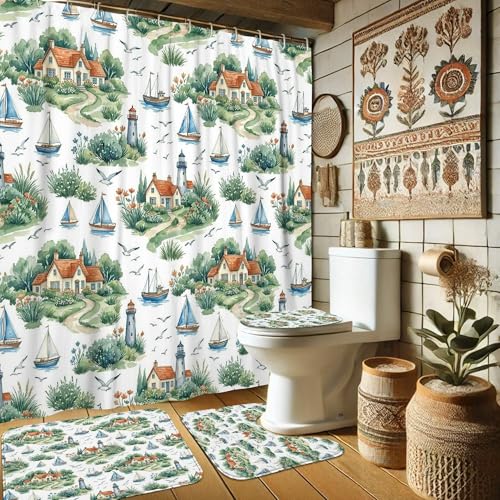 Rideau de douche 183x183 cm imperméable avec tapis de bain bateau voile rustique - 2