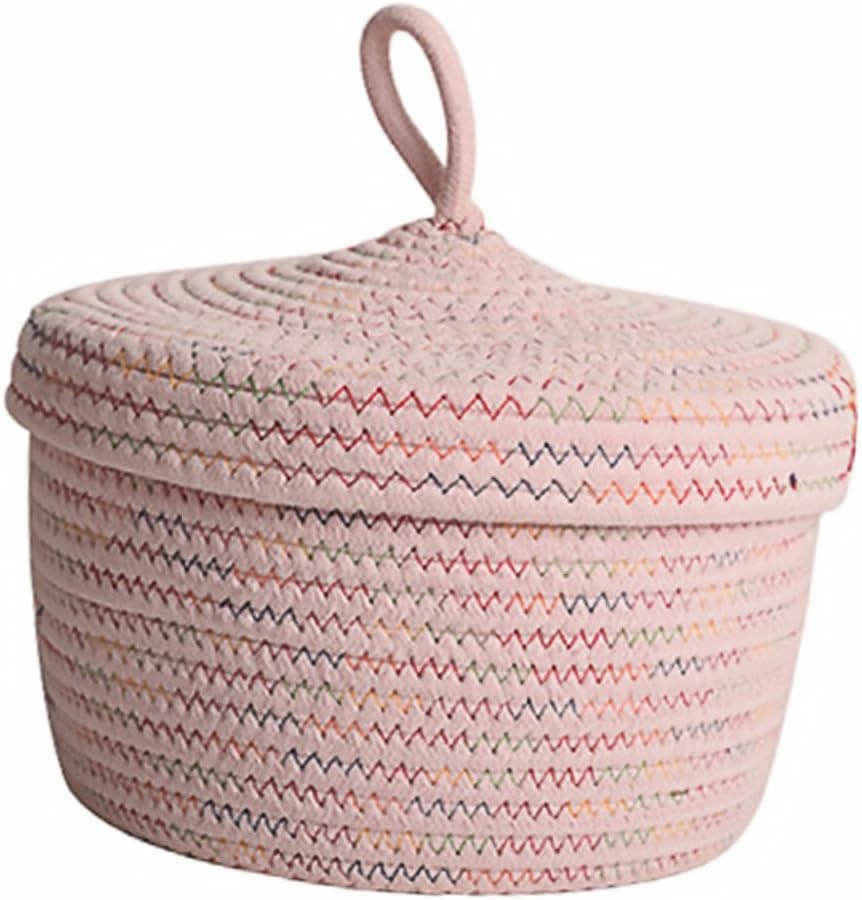 Cabilock Creative Pink Storage Basket with Lid Compact Tabletop Organizer for Remote Controls Keys Small Items Space Saving Household Container for Living Room Bedroom Office Use