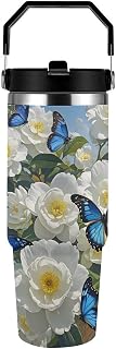 30 Oz Blue Butterfly Tumbler with Lid Double Wall Vacuum Cup Insulated Coffee Mug with Top Handle Leak Proof Travel Mug Stainless Steel Water Bottle - Fits Car Cup Holder