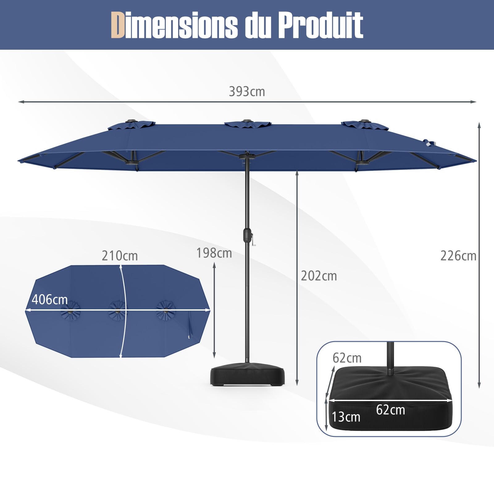 RELAX4LIFE Grand Parasol de Jardin Extérieur avec Pied | Parasol Double Terrasse à 12 Baleines | Manivelle | Polyester Résistant | Verrou de Sécurité | Protection UV pour Piscine Patio Marché (Marine)