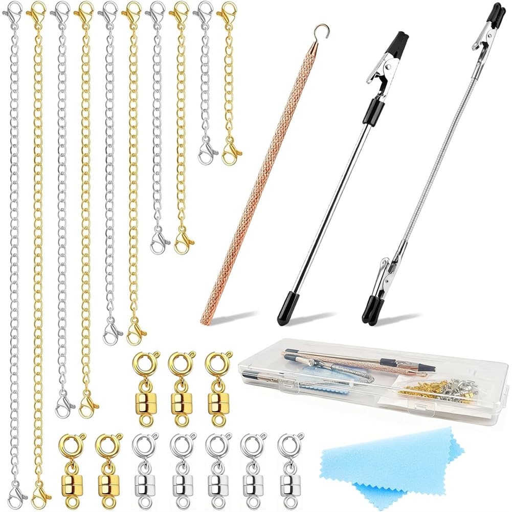 Hndhbfgrt Clasp Chain Extenders in Gold, 10PCS Necklace Extender with Clasps and Closures, 3PCS Bracelet Helper Tool for Jewelry