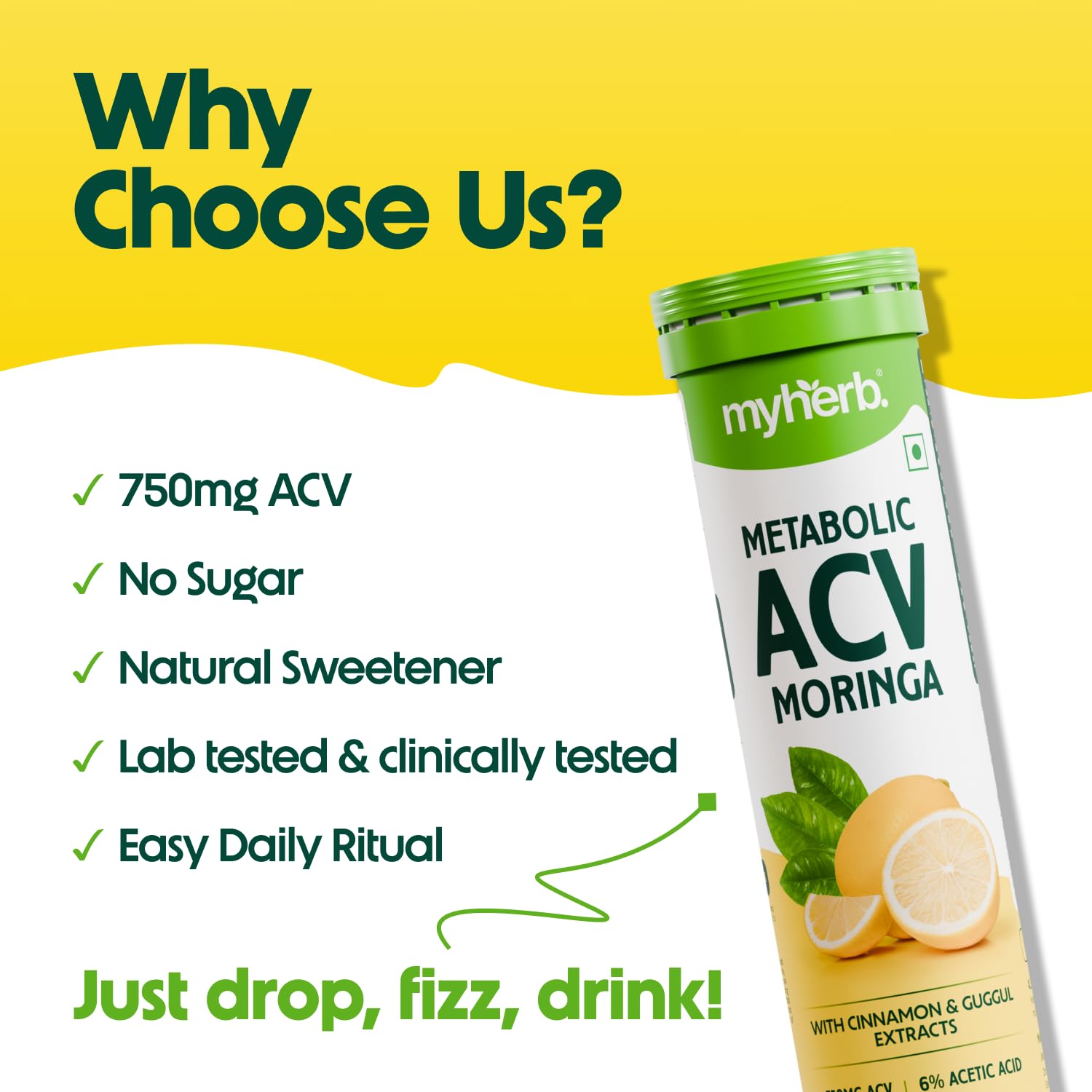MYHERB ACV Moringa | 15 Effervescent Tablets To Control Cravings,Convert Fat Into Energy | Boost Energy | Apple Cider Vinegar, Cinnamon, Guggul | No Added Sugar (15 count (Pack of 1), Leman Masala) 1