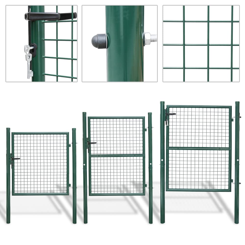 Randaco 125 x 100 cm brama ogrodowa, drzwi z ocynkowanej stali wraz z uchwytem, zamkiem i 3 kluczami, wytrzymała i trwała metalowa furtka z płotem ogrodowy, zielona