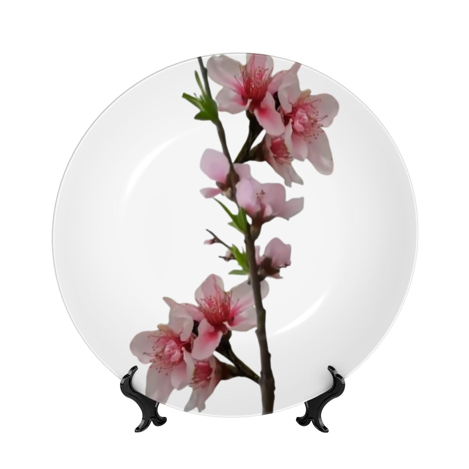 SXZVVBN Blooming Peach Blossoms Bone China Decorative Plate Art with Stand Removable Adhesive Hanging for Home Office 7in