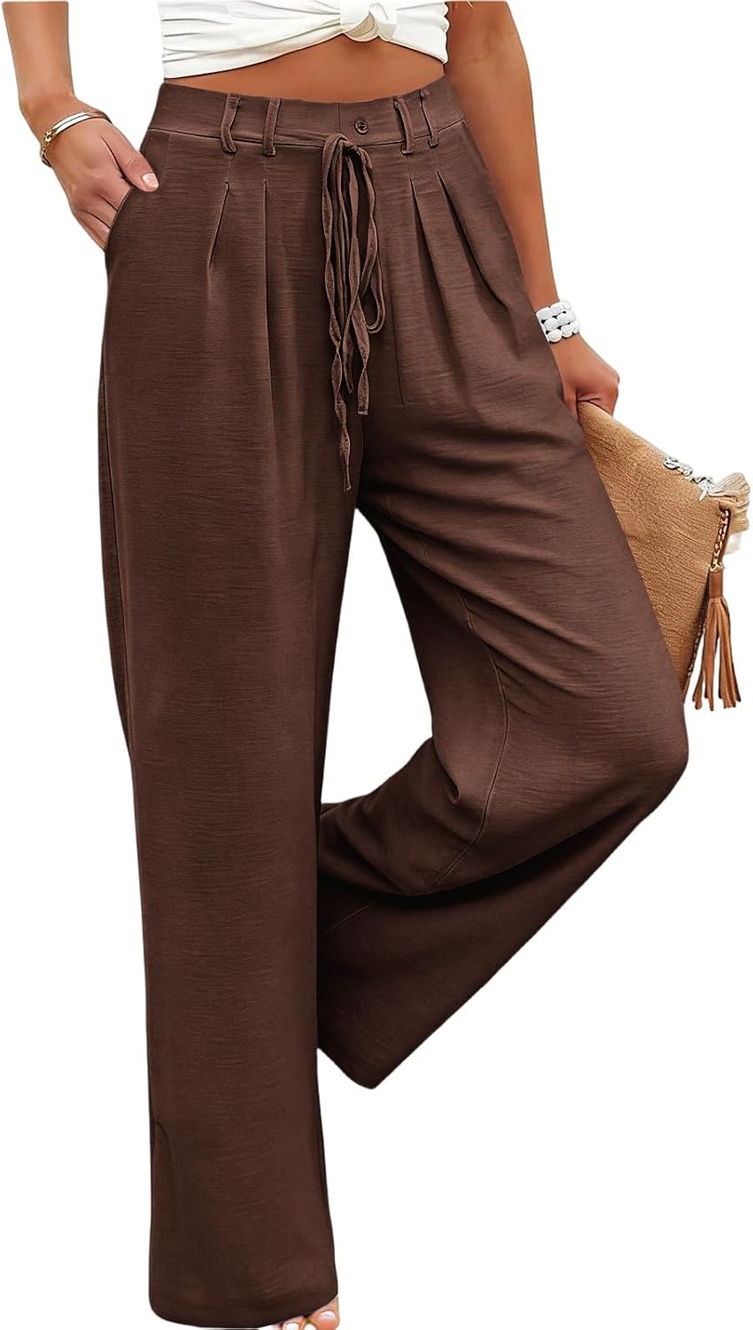Womens Wide Leg Palazzo Pants Casual Drawstring Waist Drawstring Flowy Loose Beach Travel Trousers with Pockets