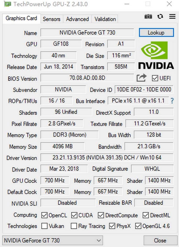 GT 730 LowProfile Graphics Card 4GB GDDR3 128 bit Bus PCI Ex 8 2.0. Low Power, no Power Cable Need. Core 700 MHz, Memory 667 MHz DVI HDMI VGA Win10 Win11