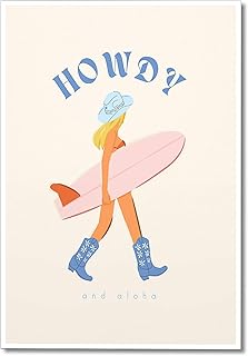 Trendy Coastal Cowgirl Canvas Wall Art, Blue Howdy and Aloha Surfer Girl Room Aesthetic Posters, Preppy Surfs Up Blond Girl Beachy Wall Decor Print for Dorm Apartment 12x16in