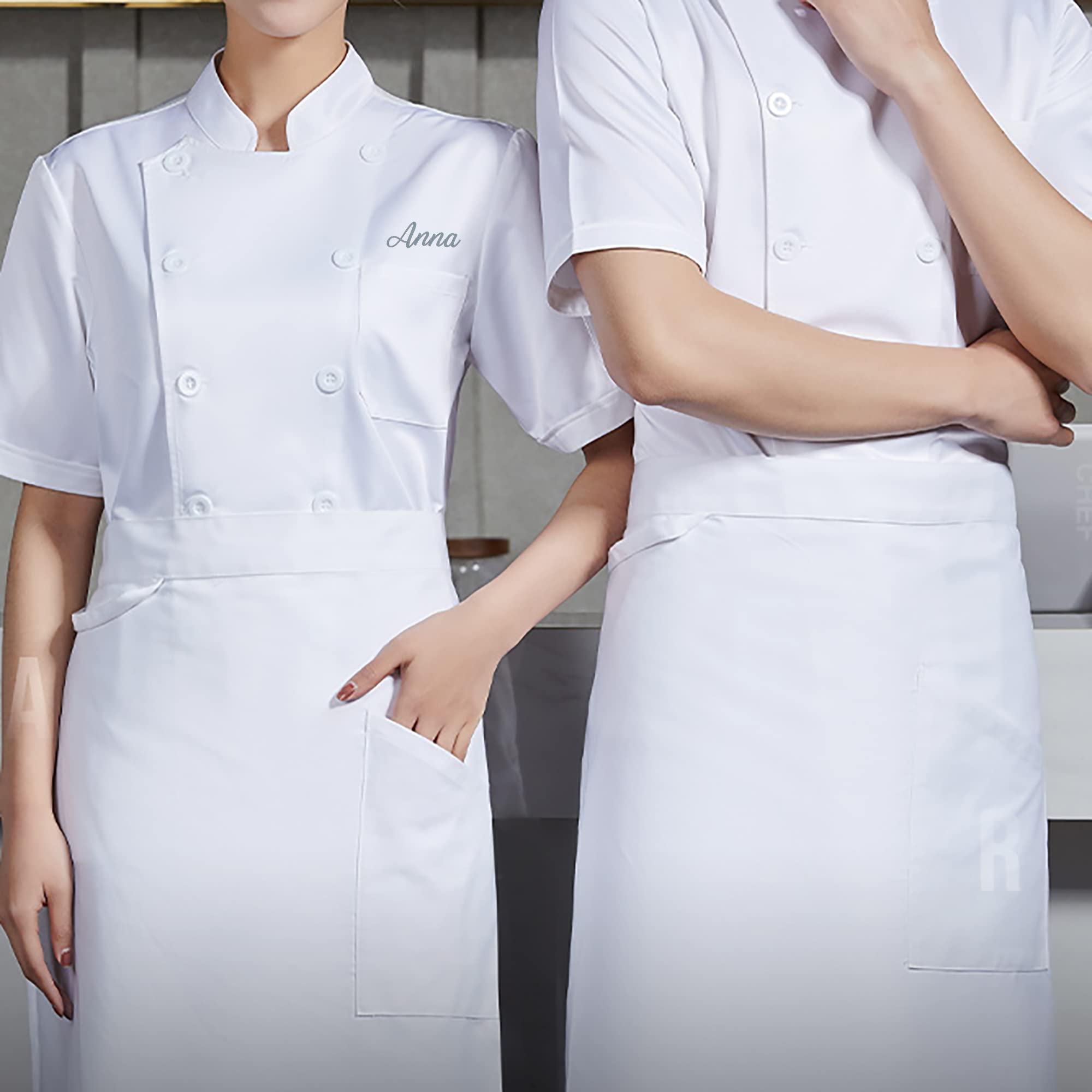Chef Top para Mujeres/Hombres, Nombre del Bordado Personalizado Chaqueta de Chef de Manga Corta Unisex con Bolsillo, Uniforme de Camarero de Restaurante de Hotel de Cocina Uniforme de Chef Unisex