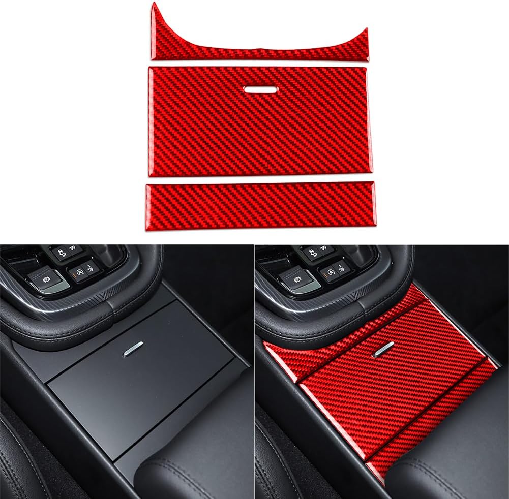 3PCS Car Center Gear Shift Storage Box Panel Soft Carbon Fiber Sticker Decal Compatible with Jaguar F-Type 2013-2024 2014 2015 2016 2017 2018 2019 2020 2021 2022 2023 Interior Accessories Red.