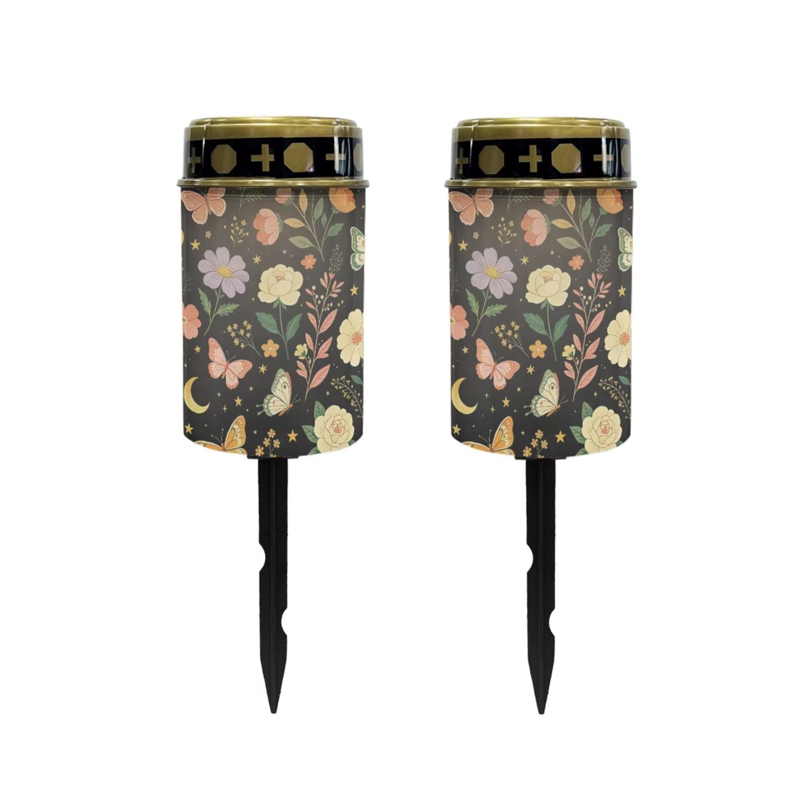Poceacles Solar Pathway Lights Outdoor Grave Solar Lights Outside Waterproof Cemetery Flameless Candles Outdoor Grave Candle Markers Eternal Decor, Butterfly Floral Print Black, Pack of 2