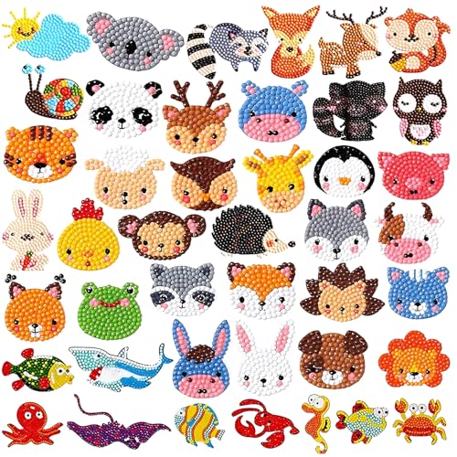 Diamond Art for Kids, 42Pcs Small Diamond Art Kits with Animal Designs, Gem Art Kits Kids