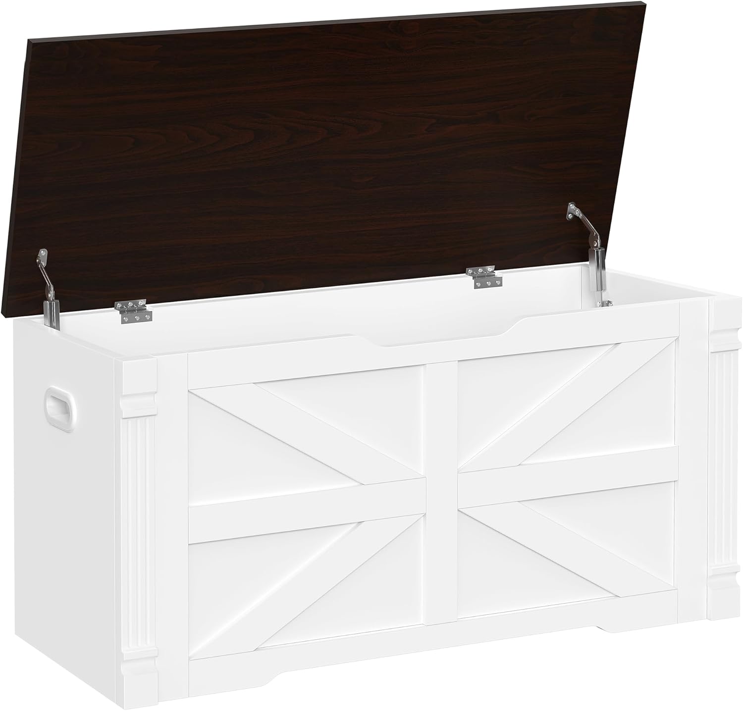 Storage Bench, 39.4" Storage Chest with 2 Safety Hinges, Farmhouse Roman Column Design with Elliptical Handle Holes, for Entryway, Bedroom, Living Room (White + Walnut)