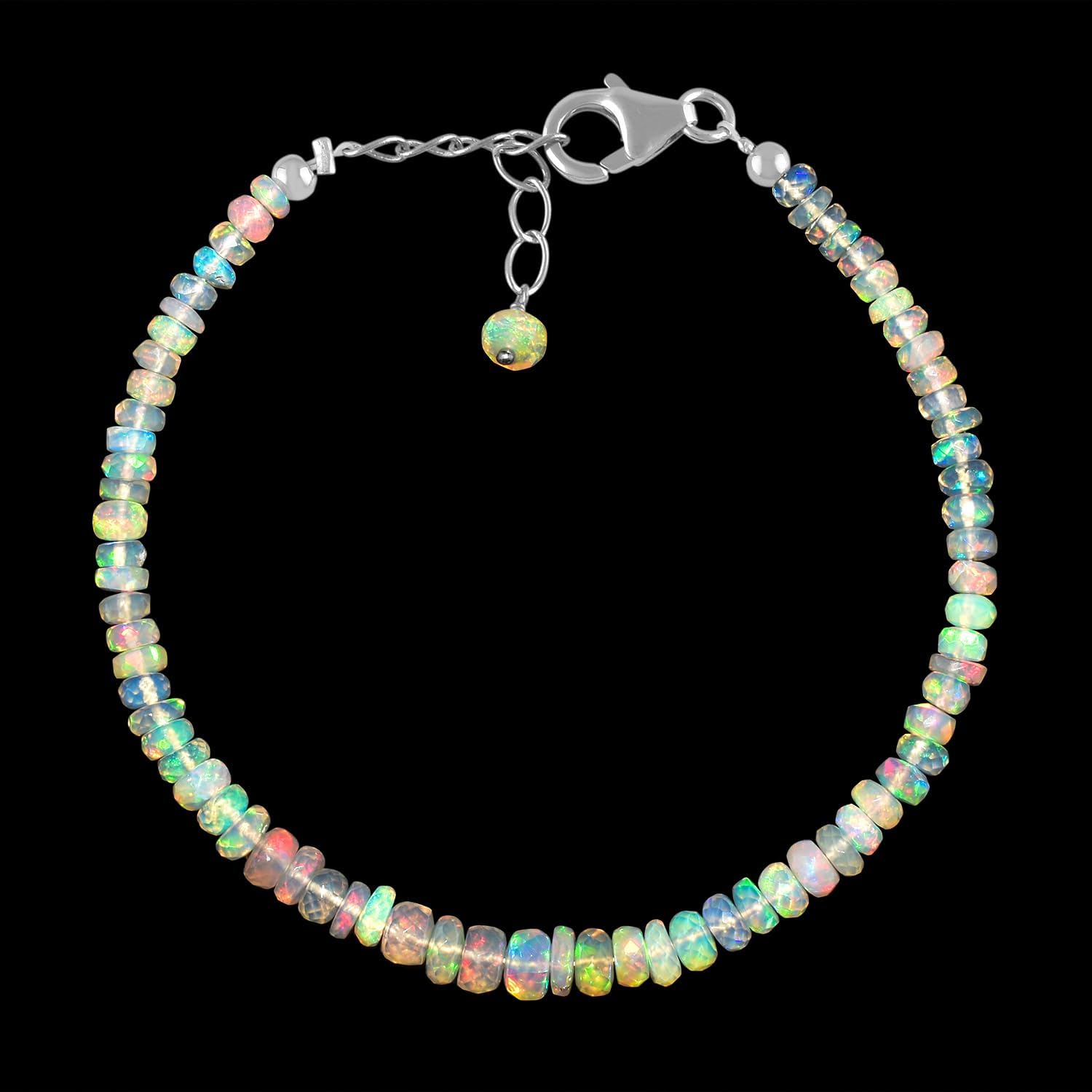 Ethiopian Opal Bracelets for Women Natural Dainty Beaded October Birthstone Crystals And Healing Stones Jewelry, 925 Sterling Silver Chain 8 inch, Statement Minimalist Jewelry For Her