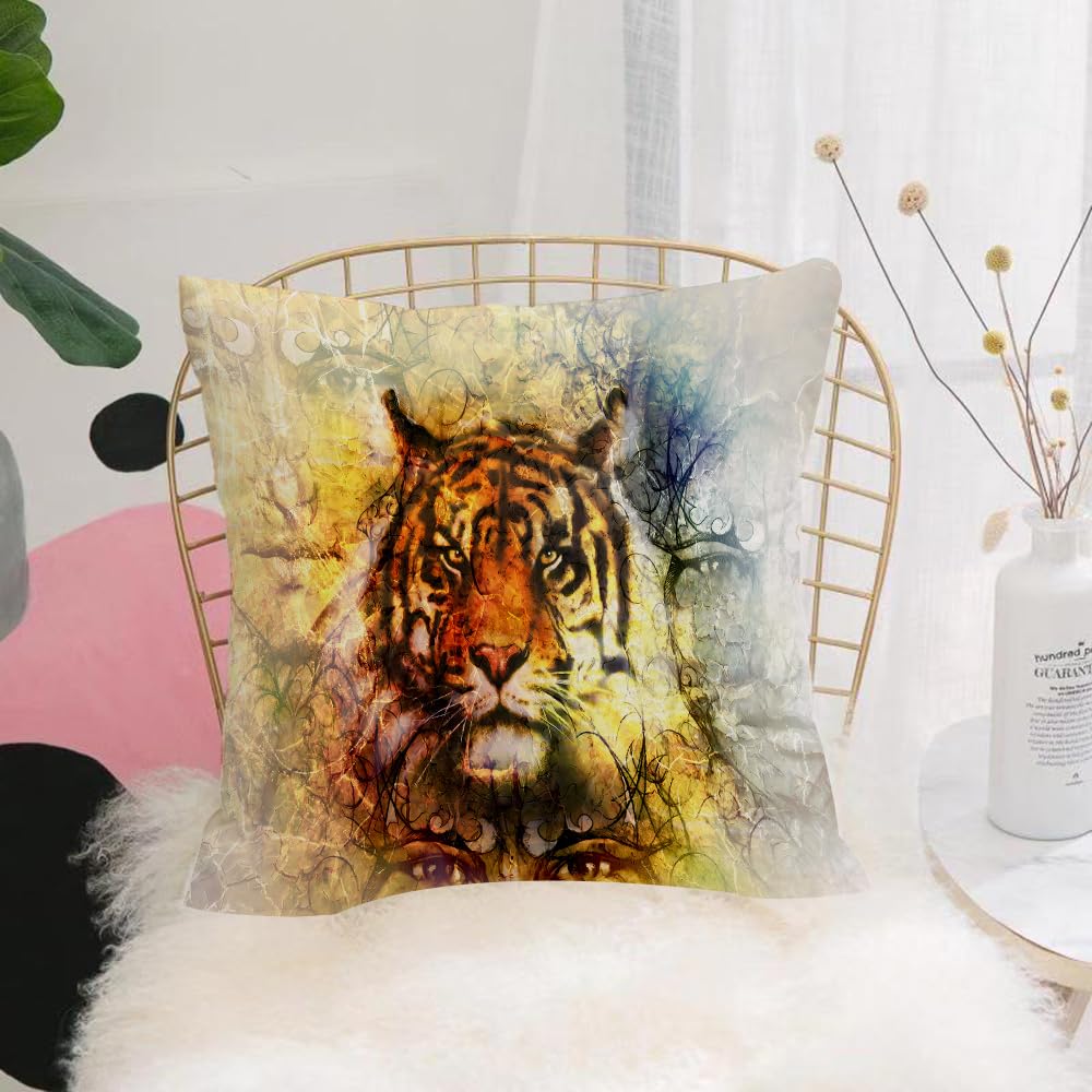 HYMSXW Cushion Cover,Throw Pillow Case Home Decorative for Living Room Bedroom Sofa Chair 20X20 Inch,painting of a bright mighty tiger head on ornamental background and mystic face,Pillowcase 50X50cm