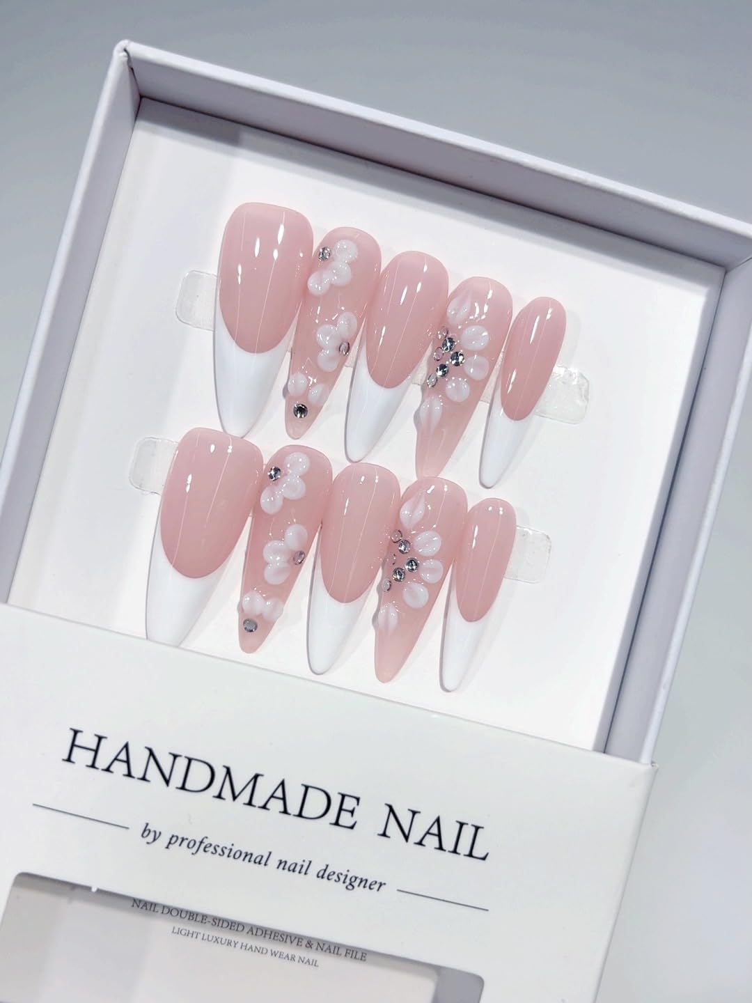 Handmade Press On Nails, Long Almond Fake Nails, Pink French Style with 3D Floral & Rhinestone Decor, Reusable Salon-Quality Nails, 10Pcs (M Size)