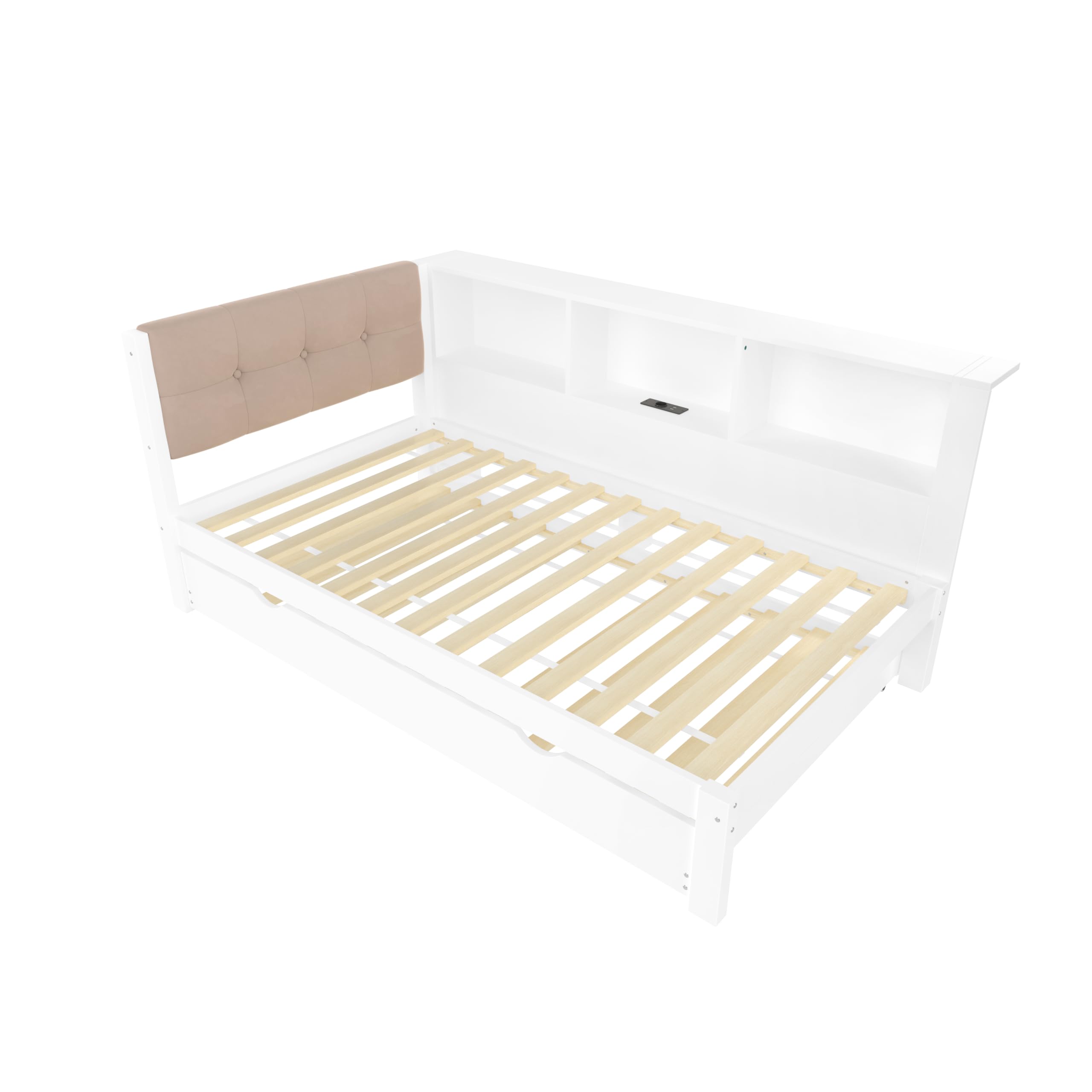 Goeria Letto giornaliero, divano letto, 90 x 200 cm, letto singolo (senza materasso), con letto estraibile, con striscia LED dimmerabile, con porta USB, con pratico ripiano, in legno di pino bianco