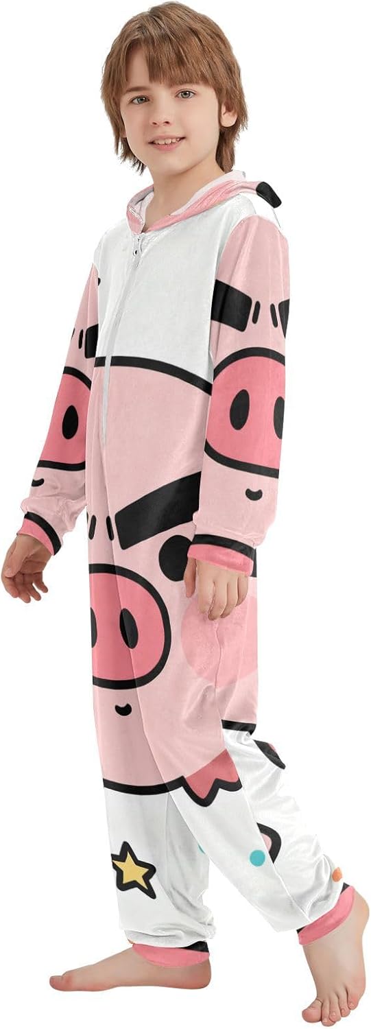 Cute Big Eyebrow PigUnisex OnesieSoft Cozy Hooded One-Piecing Pajamas Sleepsuitfor Parties Sleepovers