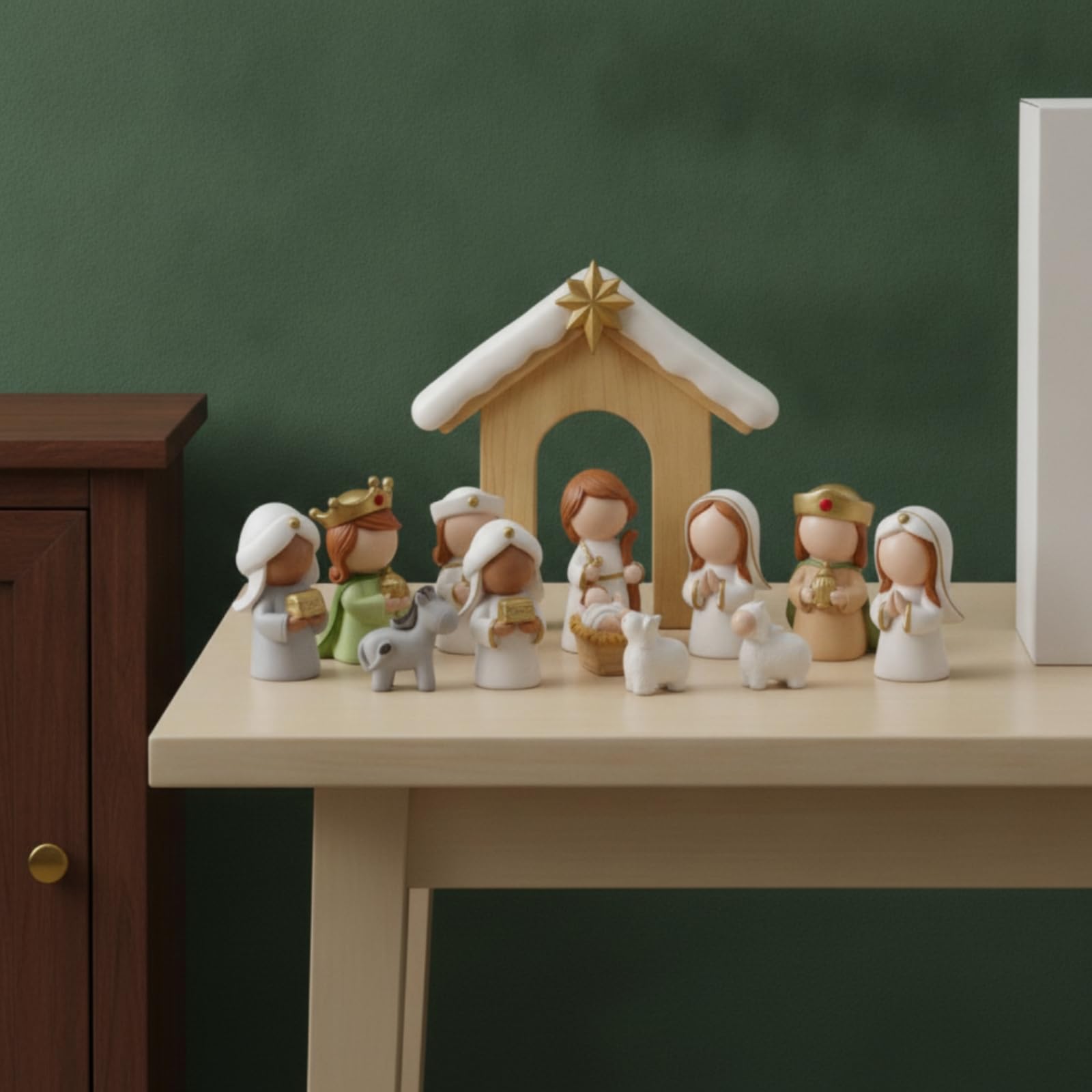 12 Pezzi Presepe in Resina Multicolore | Natalizio, Capanna Del Presepe, per Mensola, Caminetto, Collezionisti, Bianco
