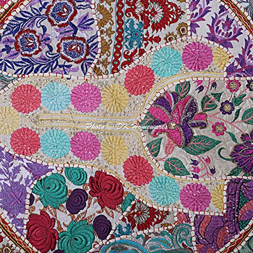 Dk Homewares Indian Bohemian Floor Pillow Bed Stool Chair White 22 Inch Patchwork Yoga Pouffe Footstool Home Decor Embroidered Vintage Cotton Round Floor Cushions For Kids 22X22 #TOP4