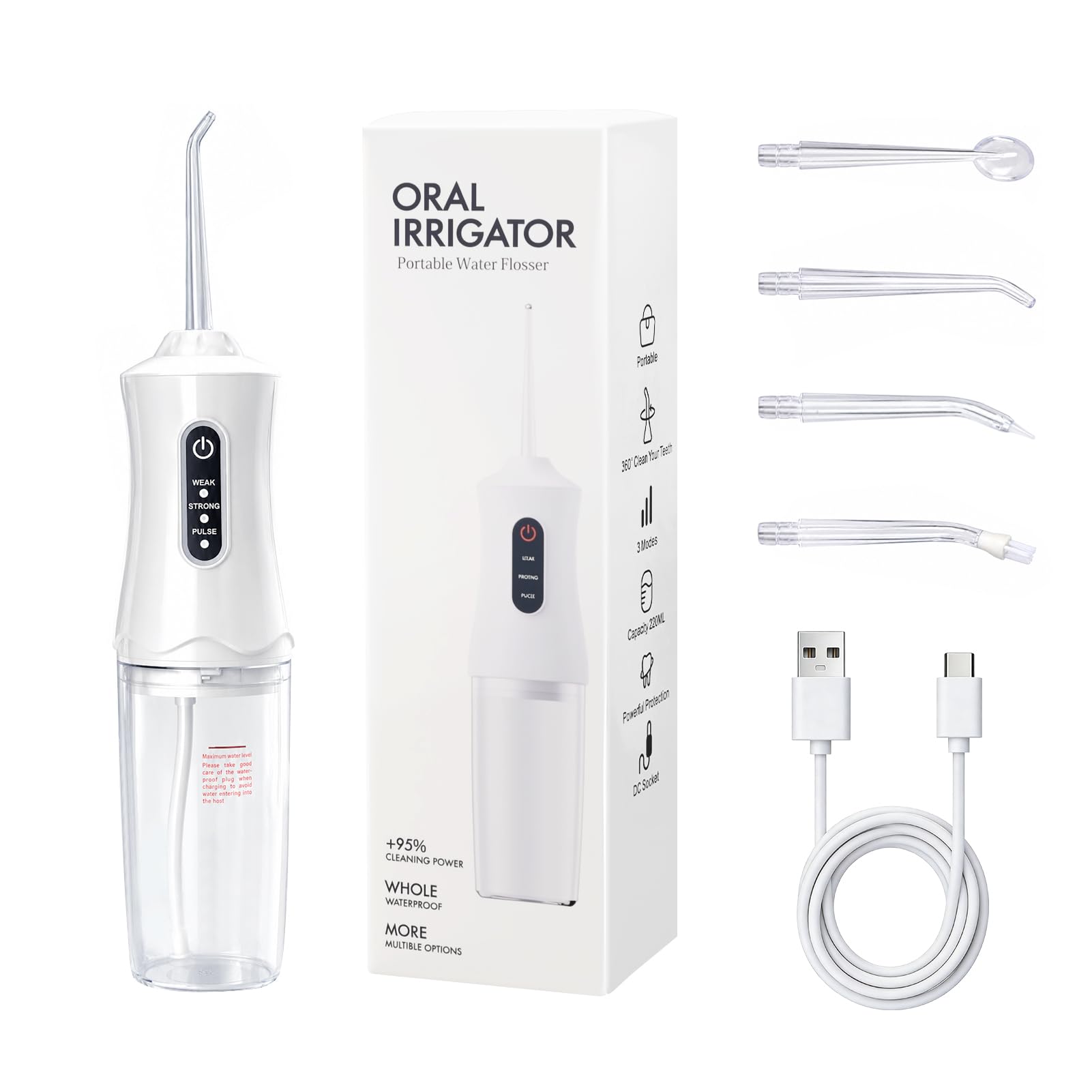 Irrigador Dental Portátil Recargable USB, Water Flosser Inalámbrico Impermeable IPX7, Irrigador Bucal con 4 Boquillas, Depósito ExtraÃble, 3 Modos de Limpieza para Dientes y EncÃas, Blanco