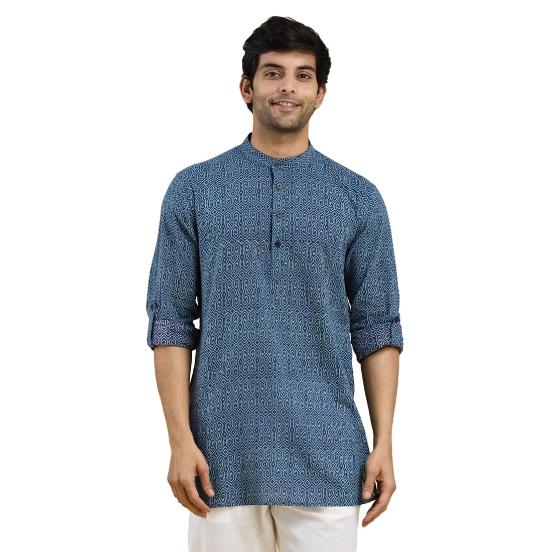 Blue Cotton Hand Block Printed Slim Fit Short Kurta-image-41