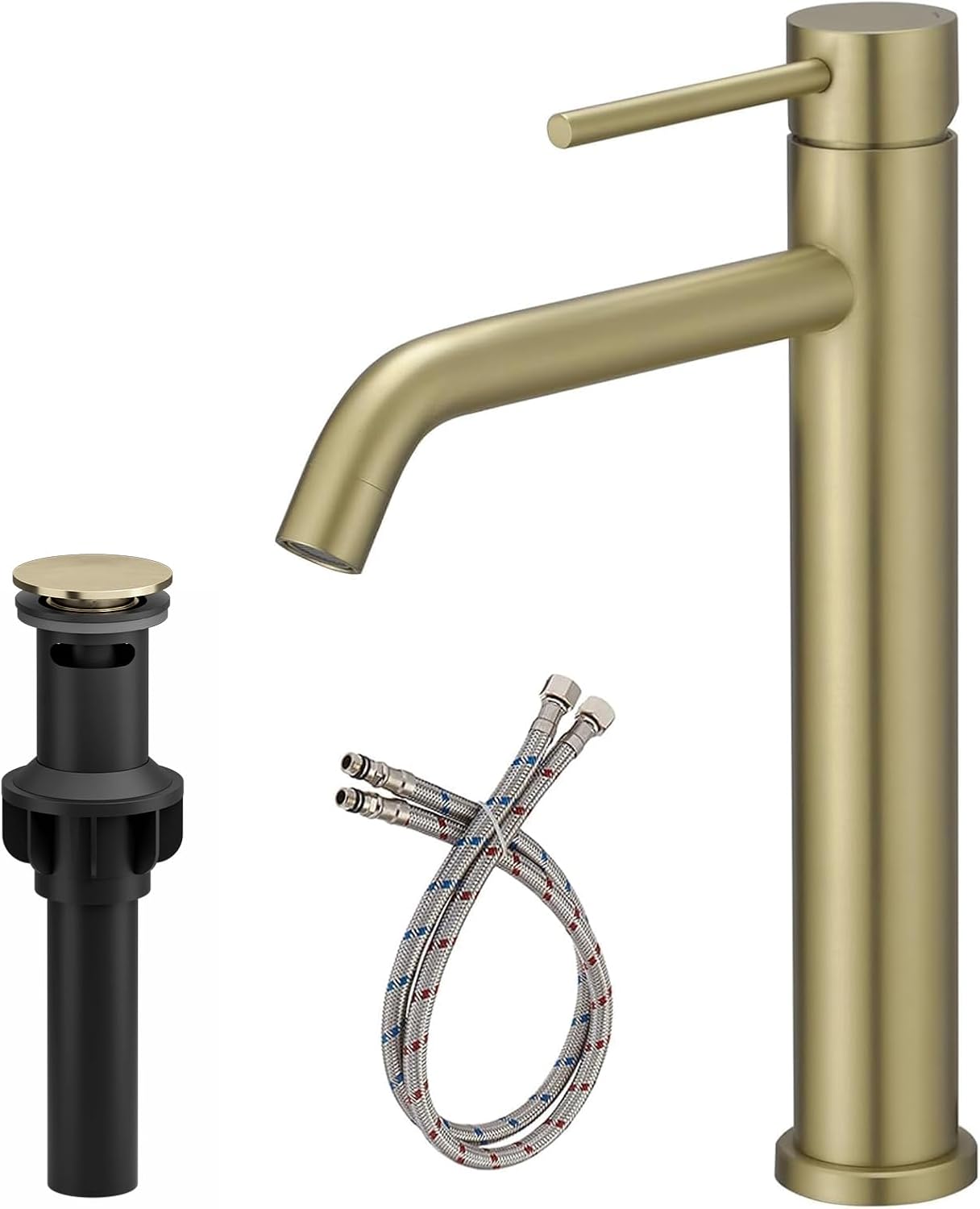 BWE Brushed Gold Vessel Sink Faucet Single Handle with Pop Up Drain Assembly and Supply Lines Stainless Steel Single Hole Bathroom Sink Faucet Commercial Basin Lavatory Vanity Sink Faucet Mixer Tap