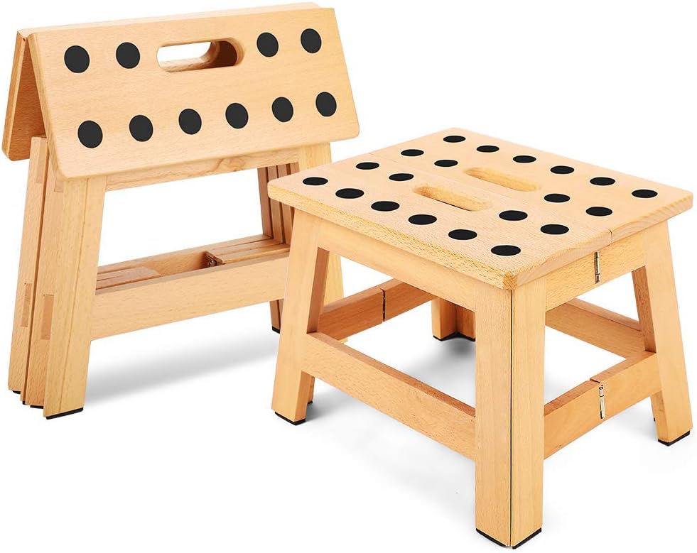 Jiodux Folding Wooden Stool - 8.8" Height - Folding Step Stool for Adults & Kids' Step Stools, Small Foldable Step Stool Use in Kitchen Garden Camping - Holds up to 300 Lbs