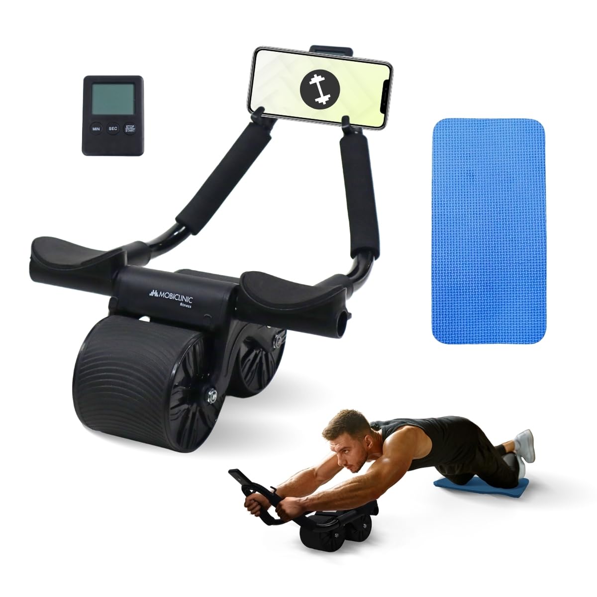 Mobiclinic®, Ruota addominale con rimbalzo automatico, Ab roller, Supporto per i gomiti, Timer digitale, Tappetino antiscivolo, Doppia, Portacellulare, Ra-02, Palestra domestica, Fitness
