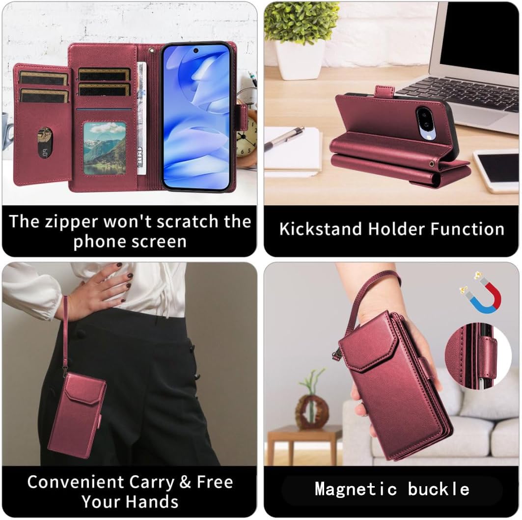 Asuwish Phone Case for Google Pixel 9A Cell Wallet Cover with Tempered Glass Screen Protector Flip Credit Card Holder Slot Stand Pixel9A A9 5G Women Men Folio Purse Lanyard Wrist Strap Red