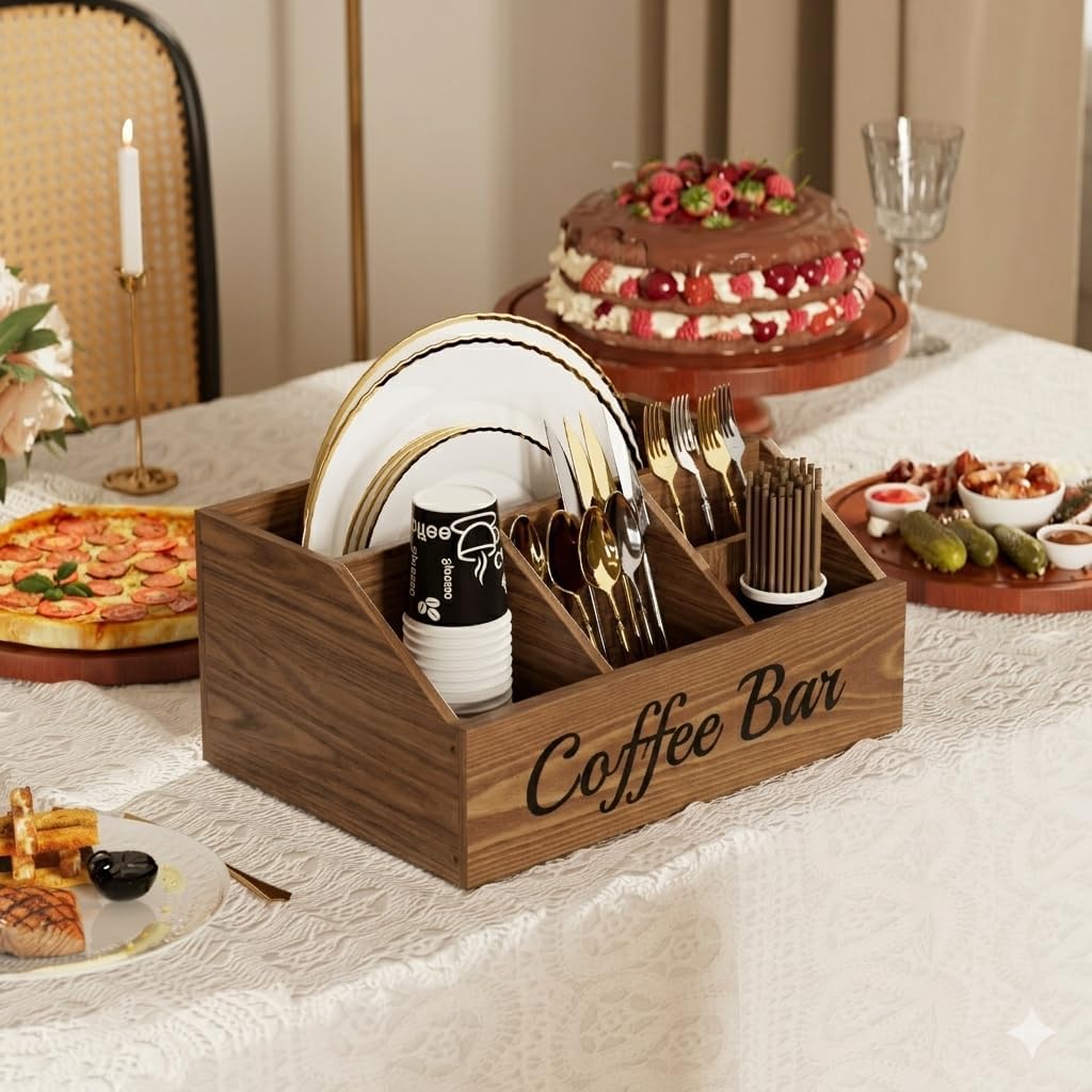 Coffee Station Organizer for Countertop – Wooden Coffee Bar Organizer with Adjustable Dividers,Holds K Cup Pod & syrup bottles, for Kitchen, Office, or Bar and Tea Station, Brown