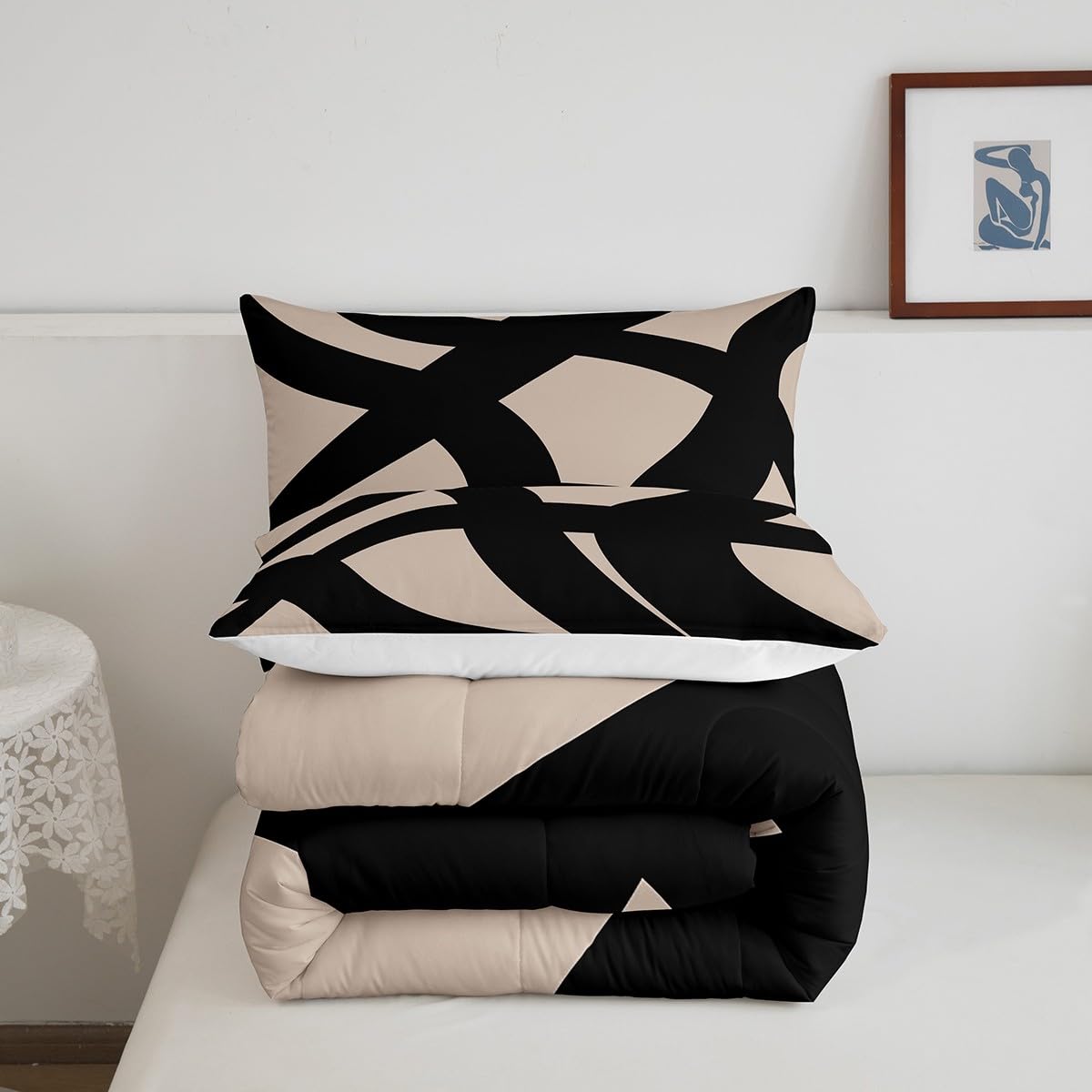 Modernes Bettlaken-Set Mit Geometrischem Muster – Für Doppelbett In Rosa, Weiß Und Schwarz, Inkl. Spannbettlaken, Bettlaken Und Kissenbezug