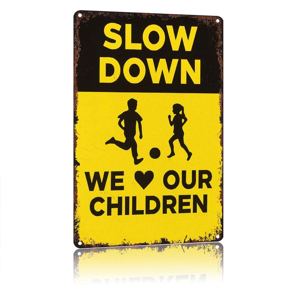 peiyeety Slow Down We Love Our Children Playing Soccer, 12 X 8in Vintage Aluminum Metal Tin Sign, Warning Sign for Neighborhood Street Driveway Outdoor Decor