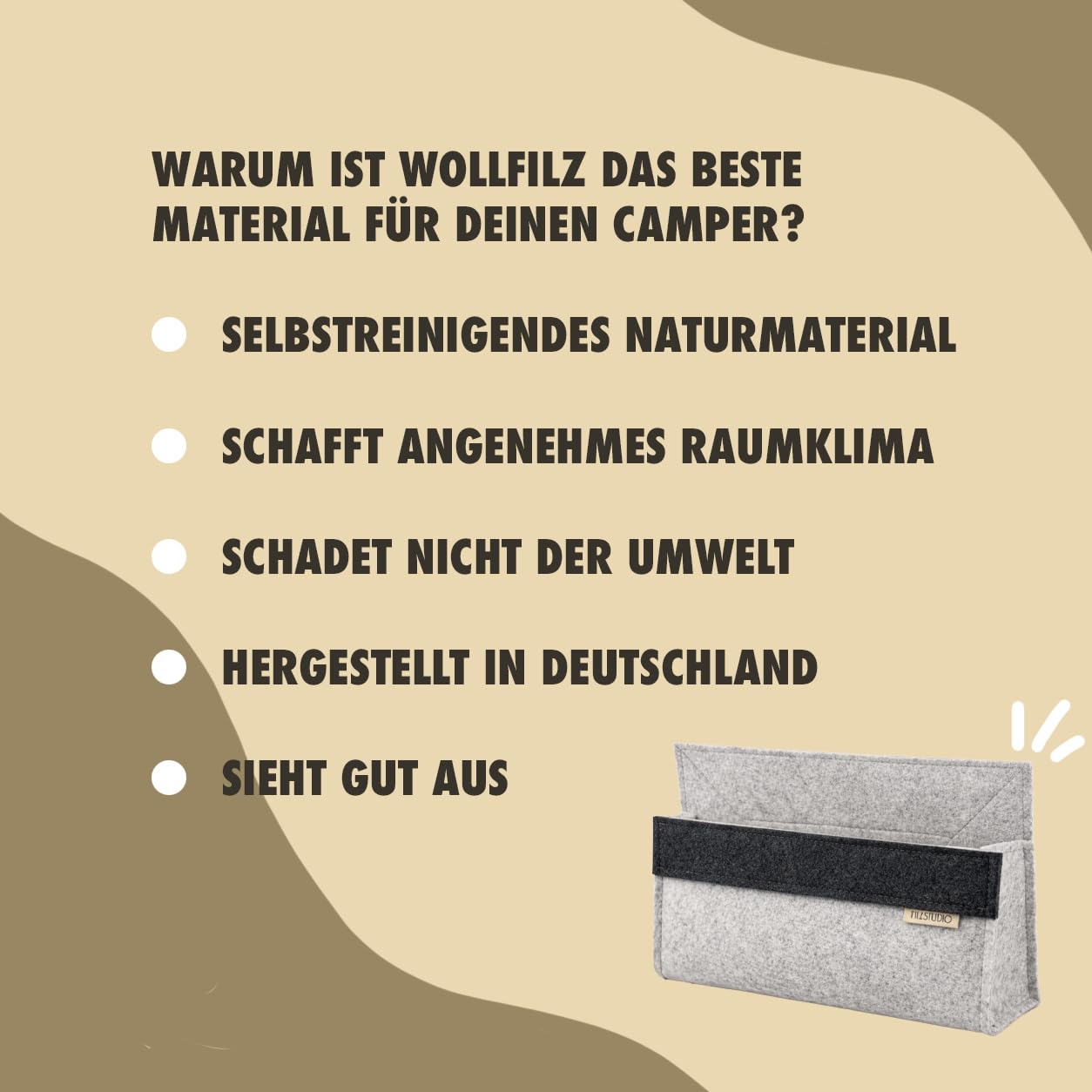 Filzstudio Wandtasche aus Wollfilz - Klebe-Klett - kleiner Wandorganizer für Wohnmobil, Bett & Flur, handgefertigte Filztasche aus 100% Merino-Wollfilz, Organizer für Handy, Kabel, Brille, 24 × 15 cm