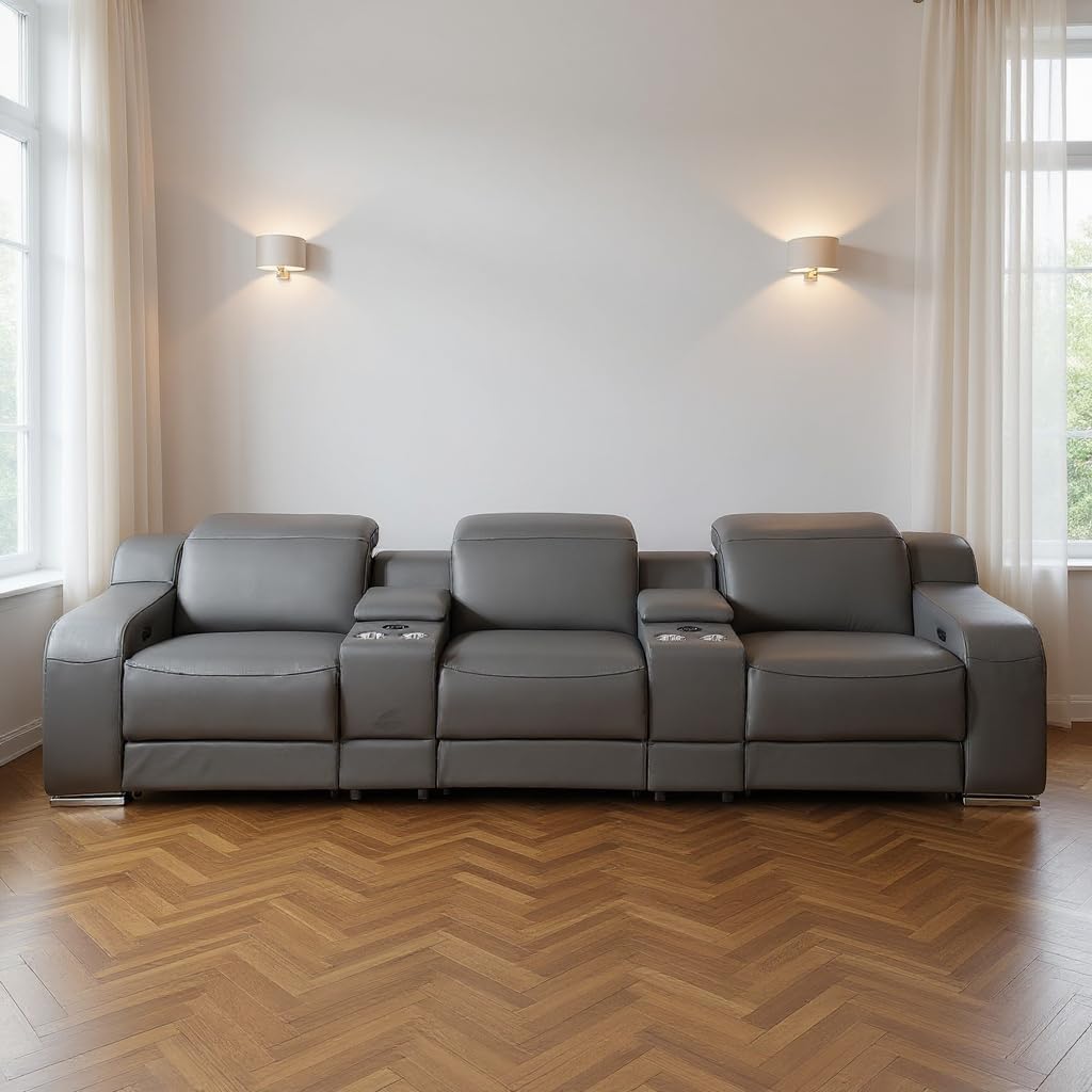 HomeRoots 129" Dark Gray Italian Leather Reclining USB Sofa