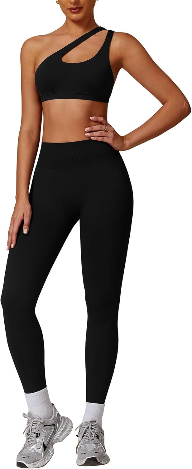 ABOCIW Women Workout Sets Seamless High Waist Scrunch Butt Lifting Gym Leggings Cutout One Shoulder Sports Bra