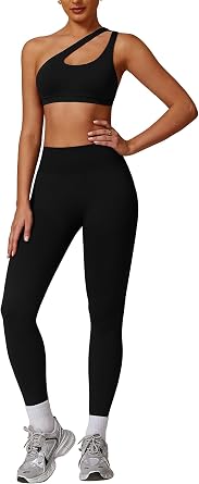 ABOCIW Women Workout Sets Seamless High Waist Scrunch Butt Lifting Gym Leggings Cutout One Shoulder Sports Bra