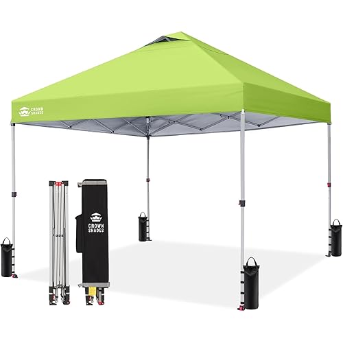 CROWN SHADES 10x10 Pop Up Canopy - Beach Tent with One Push Setup - Easy Outdoor Sun Shade for Events, Parties, Camping - Gazebo with STO-N-Go Cover Bag, Silver Coated Top, Green