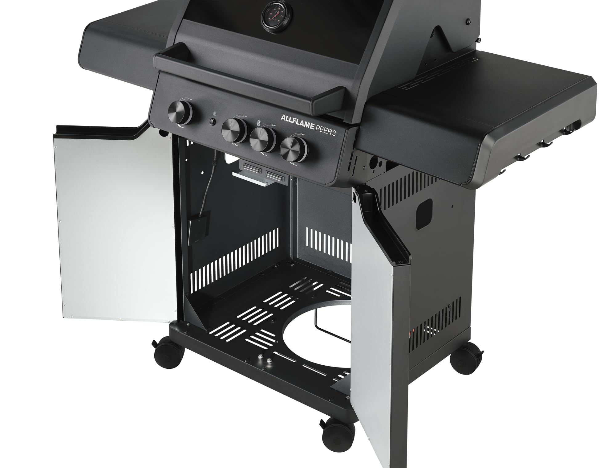 RÖSLE ALLFLAME Peer 3 Barbacoa de Gas con 3 Quemadores (3.5 kW cada uno), CRISPZONE (3 kW) hasta 450°C, Superficie de Asado 60x45 cm, Rejillas de Fundición, Fundición Inyectada de Aluminio, Negro