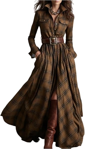 Plaid Dresses for Women Vintage Long Sleeve Maxi Dress Western Country Button Down Long Shirt Dresses with Belt
