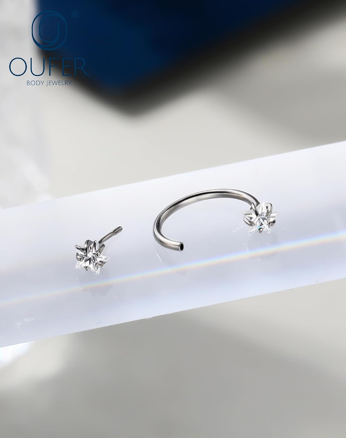 OUFER 20G Star Push Pin Horseshoe Nose Rings 316L Surgical Stainless Steel CZ Threadless Septum Ring 7mm 8mm Inner Diameter with Bonus Replacement Top Helix Tragus Conch Lip Piercing Jewelry for Women