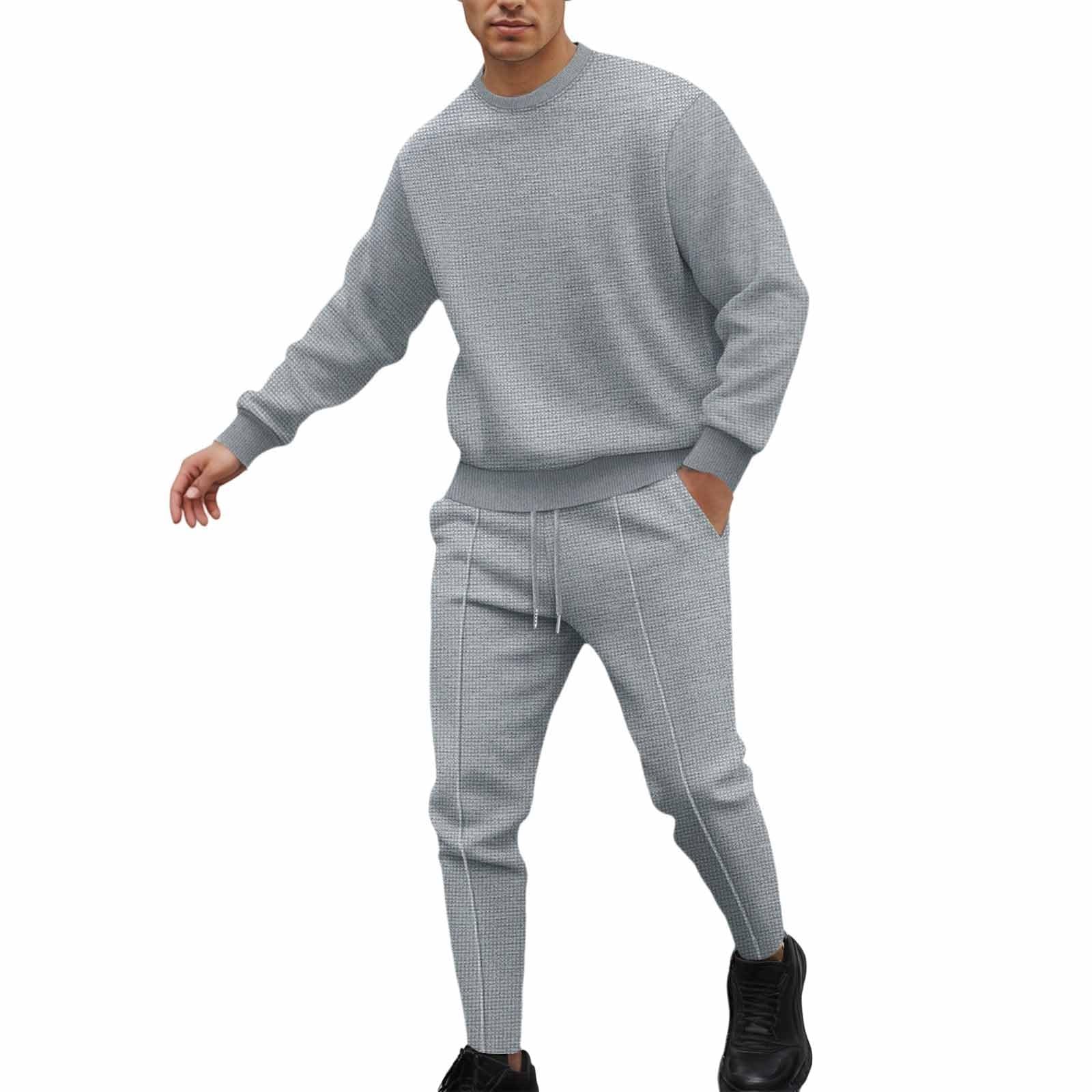 Generisch Tuta per il tempo libero, da uomo, per l'autunno, 2 pezzi, a maniche lunghe, girocollo, motivo a nido d'ape, tinta unita, comoda, casual, streetwear