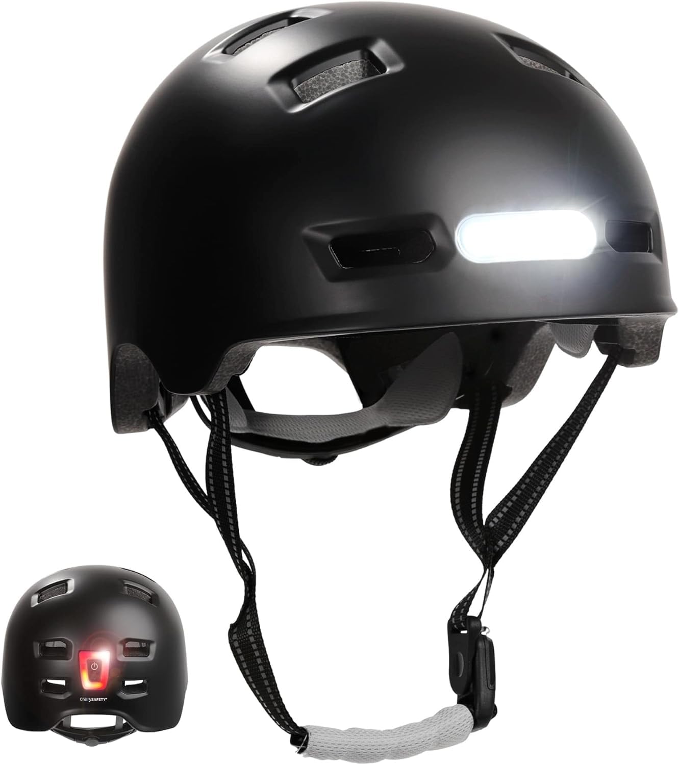 Crazy Safety Vertigo Casco da Città Nero per Bici con Luce USB Anteriore e Posteriore | Casco da Bici, Skateboard, Pattini, BMX | Casco da Monopattino per Uomo e Donna | M 54-57 cm