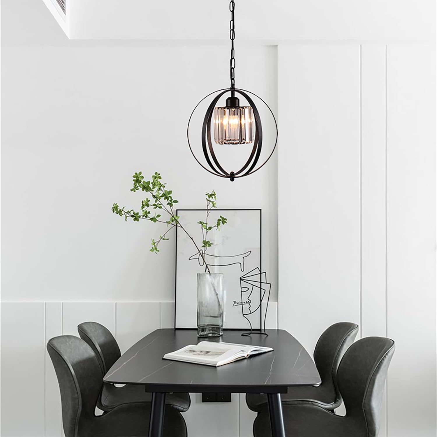 FRIXCHUR Farmhouse Chandelier Crystal Pendant Light Adjustable Hanging Light Fixtures Orb Globe Chandeliers for Kitchen Island Dining Room Foyer Bedroom (Black)