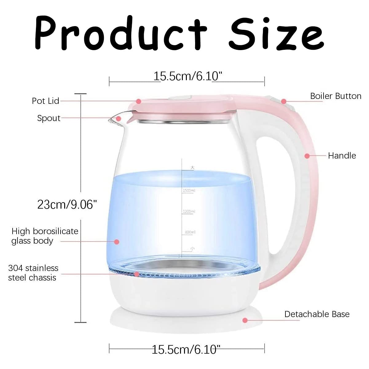 Hervidor eléctrico rosa de 1,8 l, de cristal, galvanizado, automático, 1500 W, calentador de agua, tetera para hervir, electrodoméstico de cocina con apagado automático, protección contra eb
