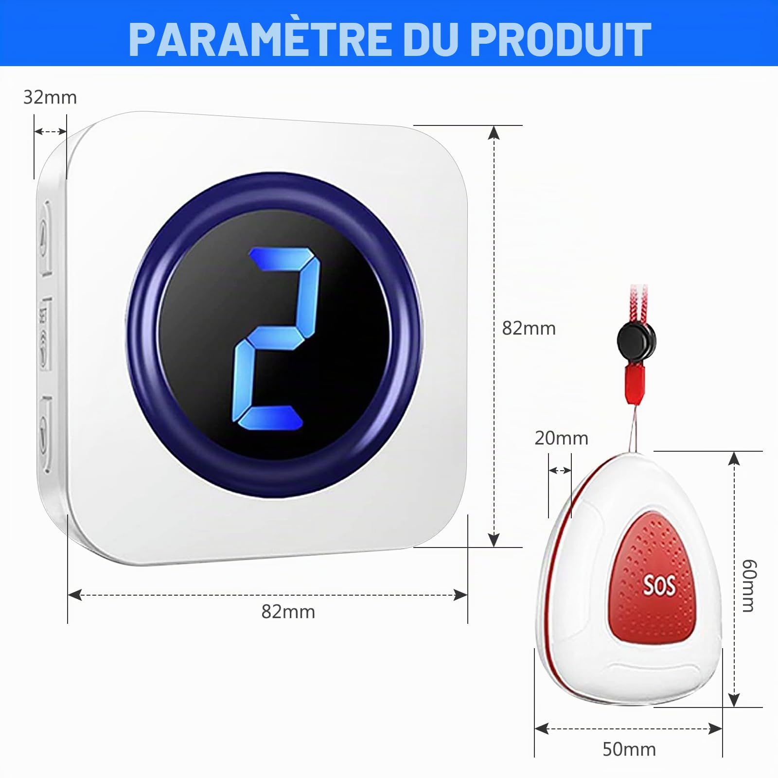 Alarme Personne Agee, Bracelet Alarme, Bouton D'appel d'urgence sans Fil 300cm, Bouton D'alarme pour Appel Infirmière, Personnes Âgées, Patients, Appel d'urgence, 1 Récepteur+1 Émetteur