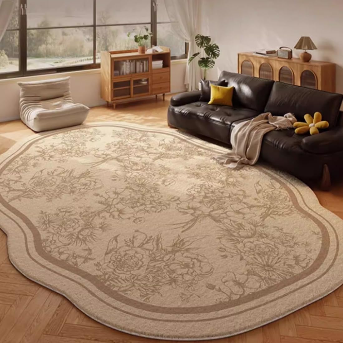 Tapis de sol fleuri salon chambre grand format 200x340 moelleux rétro marron